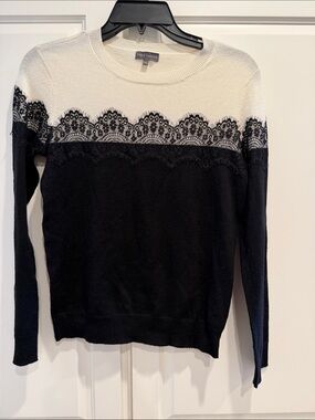 Vince Camuto Black and White Crewneck Sweater with Lace Trim